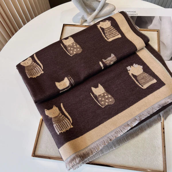 Women’s Cashmere-Like Plaid Shawl – Cozy Contrast Color Kitten Design Scarf