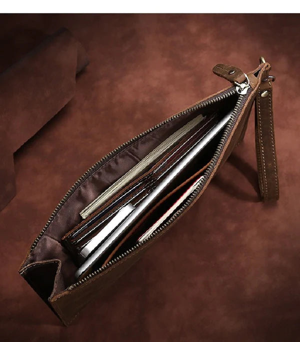 Retro Crazy Horse Leather Men’s Clutch – European & American Style