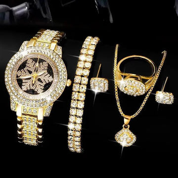 Snowflake Pattern Watch & Jewelry Set – Luxury Five-Piece Rhinestone Set | Hala Grace