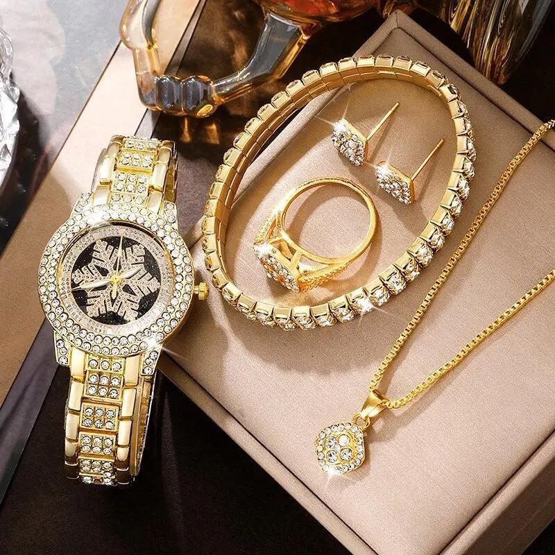 Snowflake Pattern Watch & Jewelry Set – Luxury Five-Piece Rhinestone Set | Hala Grace