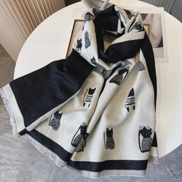 Women’s Cashmere-Like Plaid Shawl – Cozy Contrast Color Kitten Design Scarf
