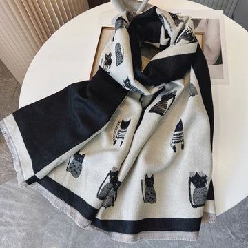 Women’s Cashmere-Like Plaid Shawl – Cozy Contrast Color Kitten Design Scarf