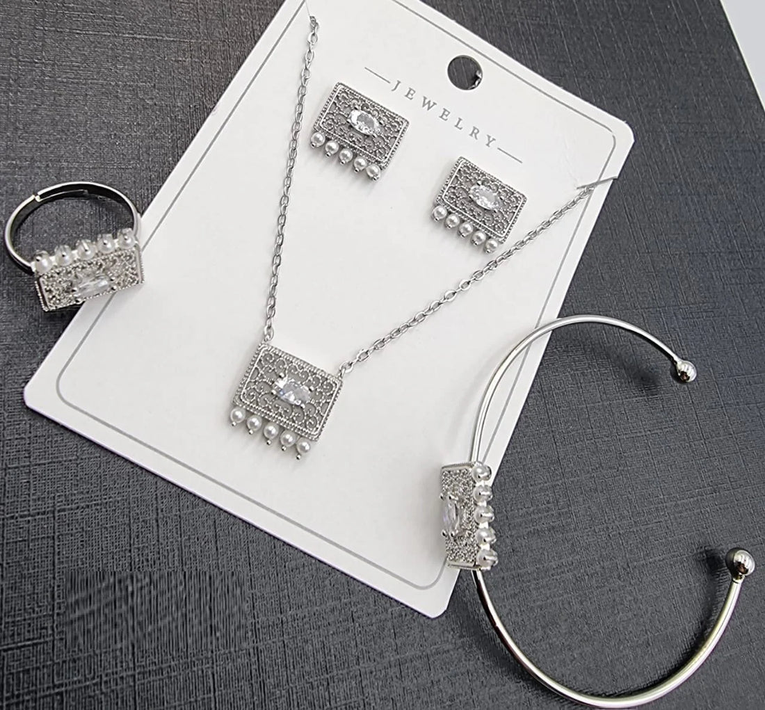 Silver Rectangle Crystal & Pearl Jewelry Set – Elegant Women’s Accessory | Hala Grace
