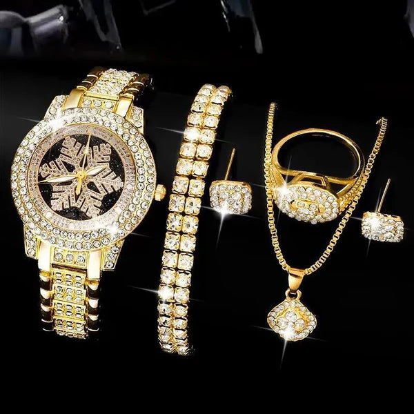 Snowflake Pattern Watch & Jewelry Set – Luxury Five-Piece Rhinestone Set | Hala Grace